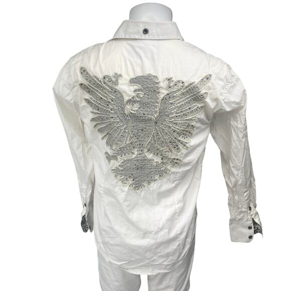 RNZ Premium Men's White Rhinestone Embroidered Long Sleeve Button Up Shirt Top M - Picture 2 of 7